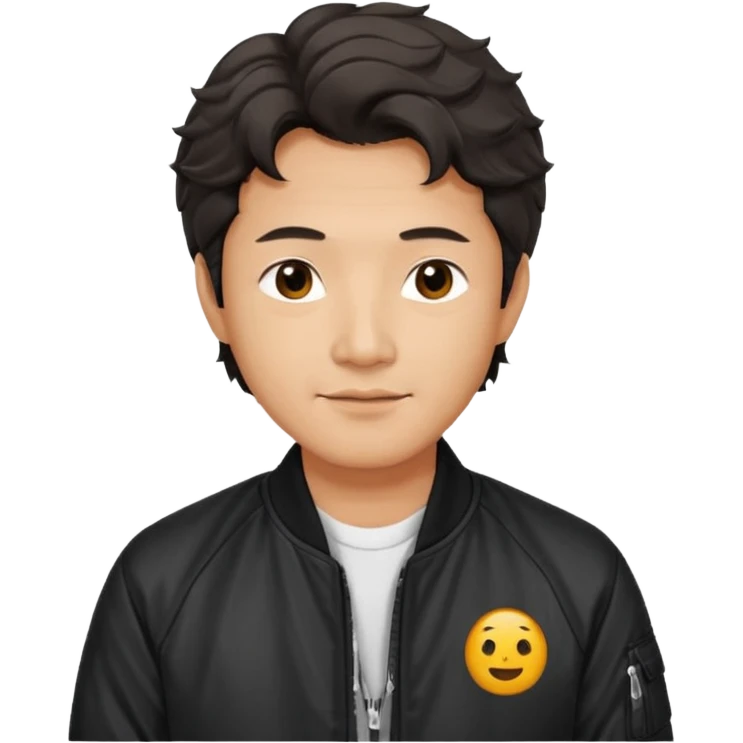 Handsome and mature Asian guy wavy hair, dressed cool in black bomber jacket, demure but with a smirk  emoji