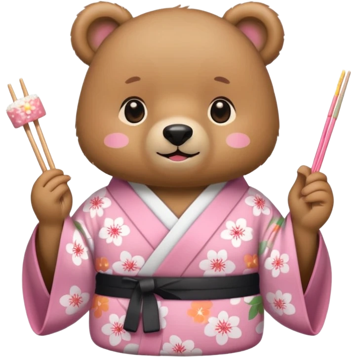 A cute light-brown bear wearing a pastel pink sakura-patterned kimono, normal balanced body ratio. 
Happily eating sushi with chopsticks, excited sparkling eyes. 
Kawaii emoji style, minimalistic clean sticker illustration, white background.
 emoji