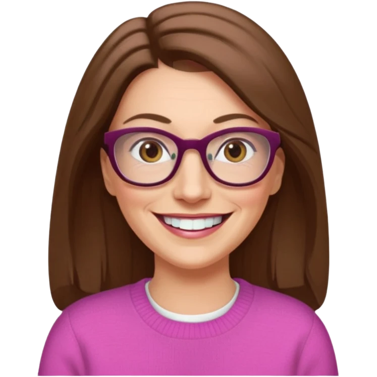 50 yr Caucasian woman, long brown hair parted on side, brown eyes, glasses,big smile, white teeth, pink sweater emoji