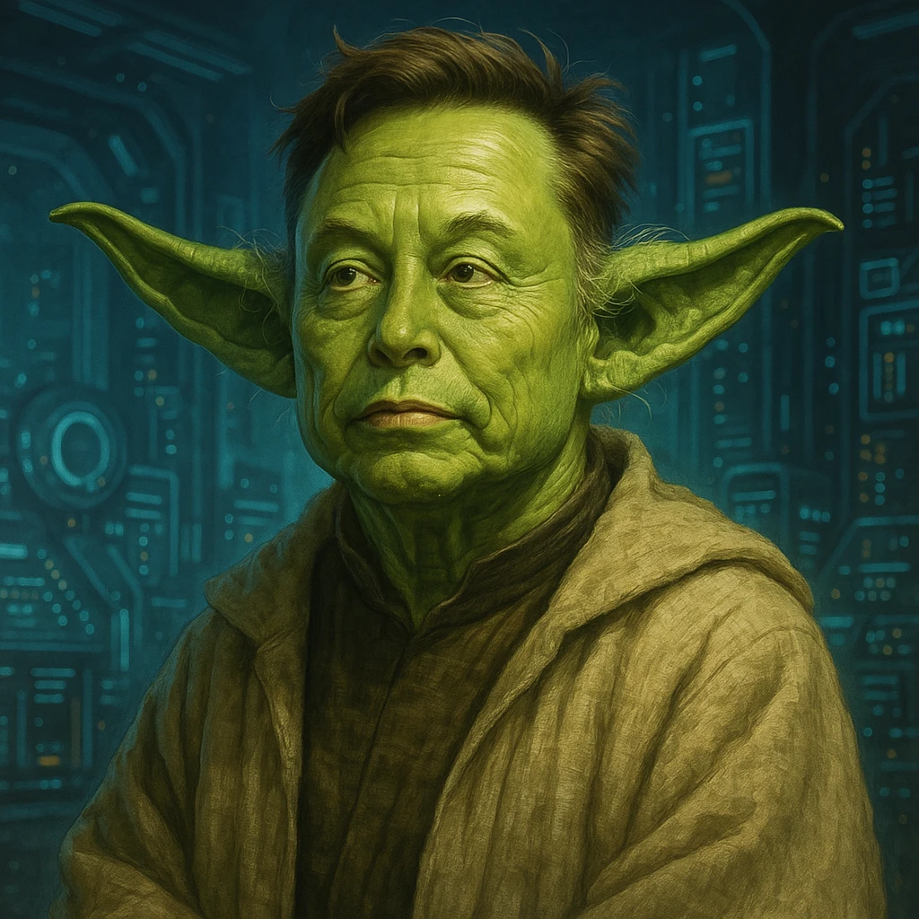 Elon Musk as Yoda with green skin and wise expression, sci-fi background, fusion of Star Wars and tech entrepreneur themes, detailed and humorous style emoji