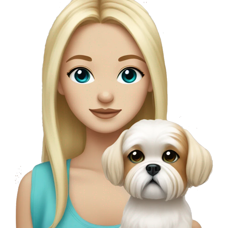 Girl with lots of freckles on her face, long blonde hair, and bright blue and green eyes holding an all beige shih tzu dog  emoji