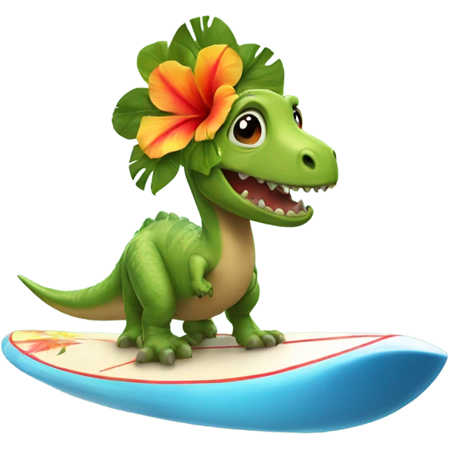 Dinosaur on a surfboard with a Hawaiian flower on its head emoji
