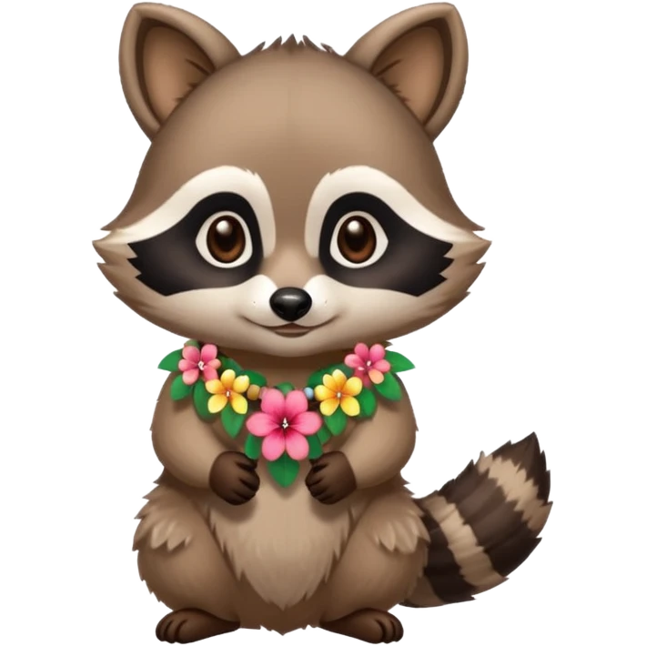 A cute chibi playful raccoon wearing a hawaiian flower necklace, looking festive. emoji