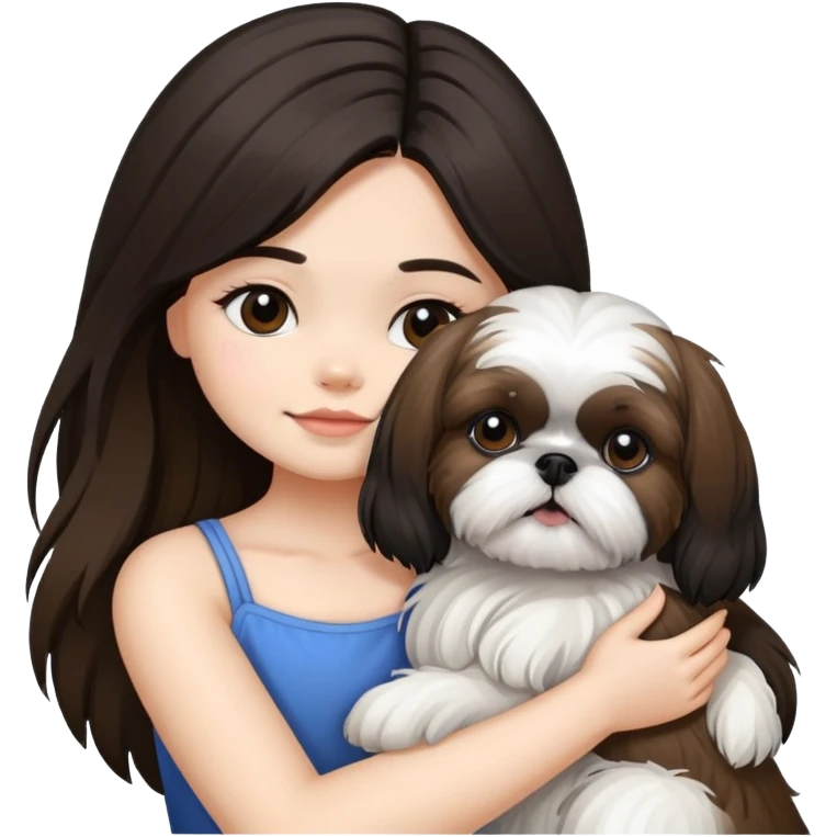 A girl with black highlighted long hair hugging a Shih Tzu dog emoji