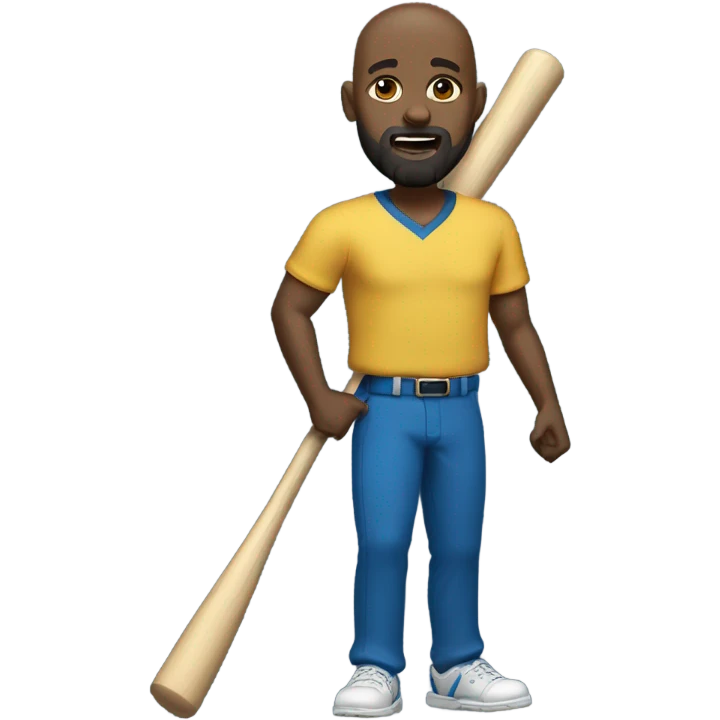 A bald black man dressed in gold shirt and blue pants with a beard and goatee in dark shades with a baseball bat. emoji