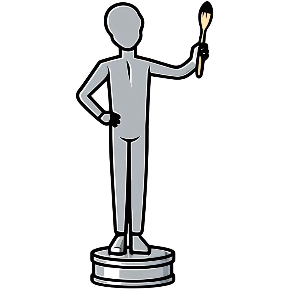 A paintbrush transforming into a silver human silhouette sculpture, symbol of artistic identity, with a gleaming silver metallic finish emoji