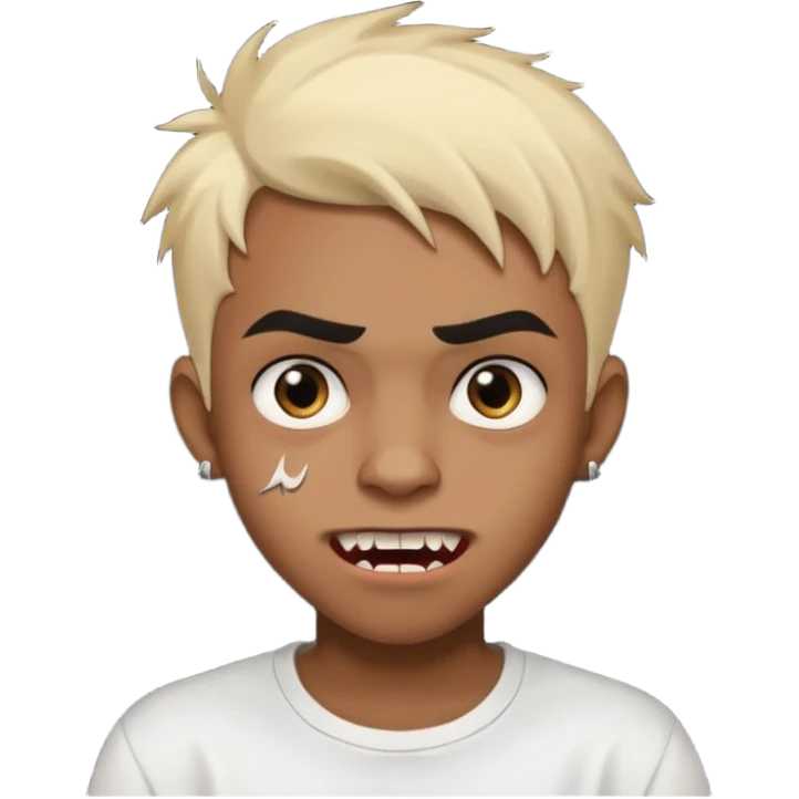 Black Male Teenager with Short punk messy blonde hair, Dark brown bushy eyebrows large expressive golden-brown eyes, wearing a plain white t-shirt, Dark Brown skin color. vampire tooth emoji