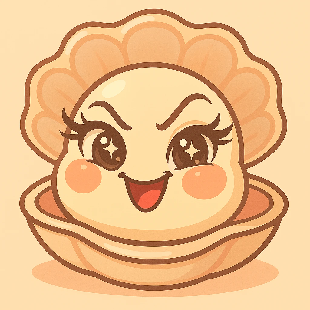 Create a version with an even more mischievous expression, very expressive and luminous eyes, elegant eyelashes, and strongly accentuated pastel, pearly, cream, peach, and greige shades, while keeping the large shell, small oyster, pastel toon style, and the background as is. emoji