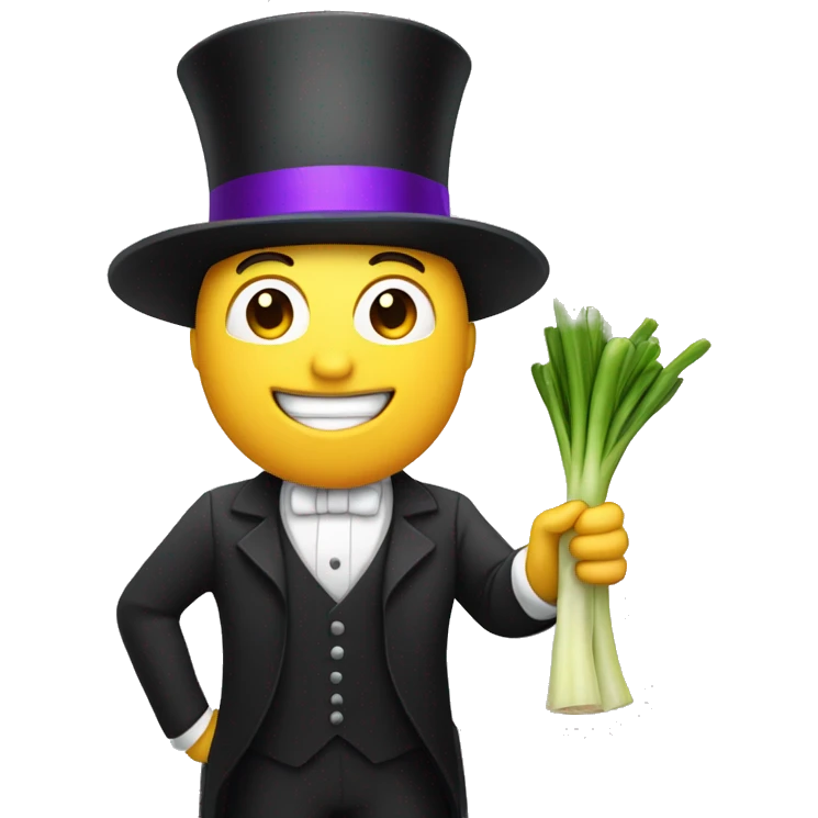 white Man holding a leek with his hands with a top hat that has a purple band emoji