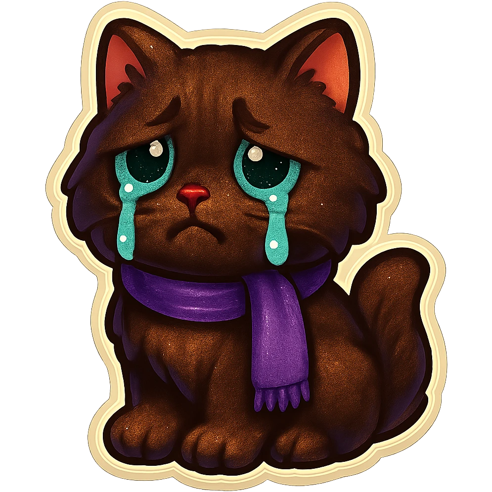 Fluffy sad crying cute dark-brown cat with green eyes and a purple scarf  emoji