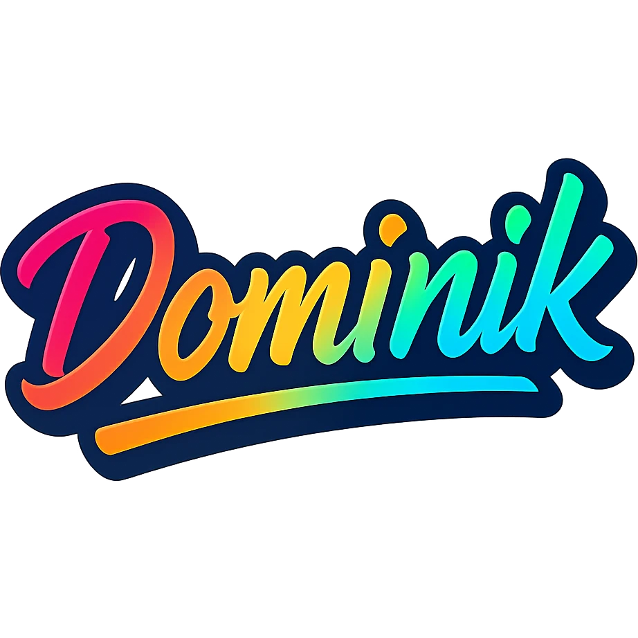 The name Dominik in a modern, colorful gradient font with a dark outline, on a transparent background, with the name underlined or partially underlined with a dynamic, slanted underline, in the style of the sample images. emoji