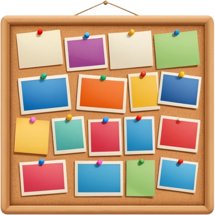 board with pinned photos and notes emoji
