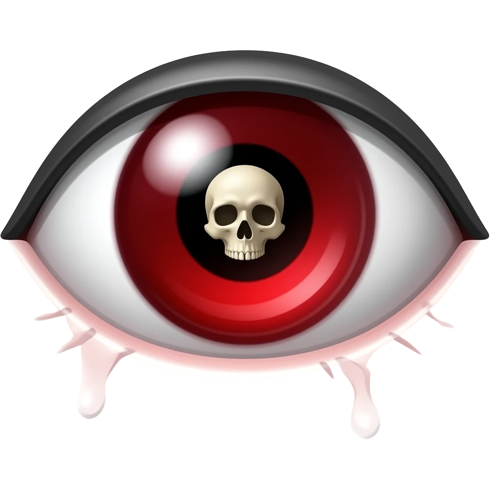 un solo ojo de color rojo  que expresae con miedo y que en el centro dela pupila es un cráneo emoji