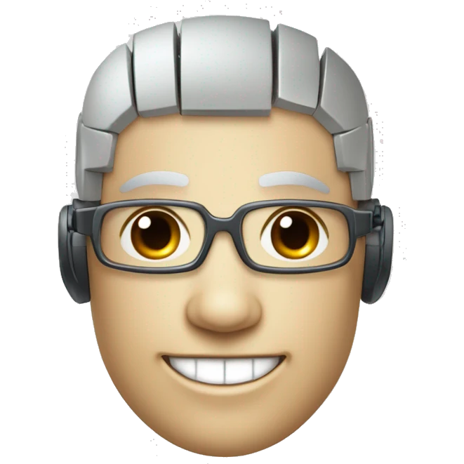 Robotic Cyborg head with fair skin, flat top haircut, rectangular glasses, circuits and smiling  emoji