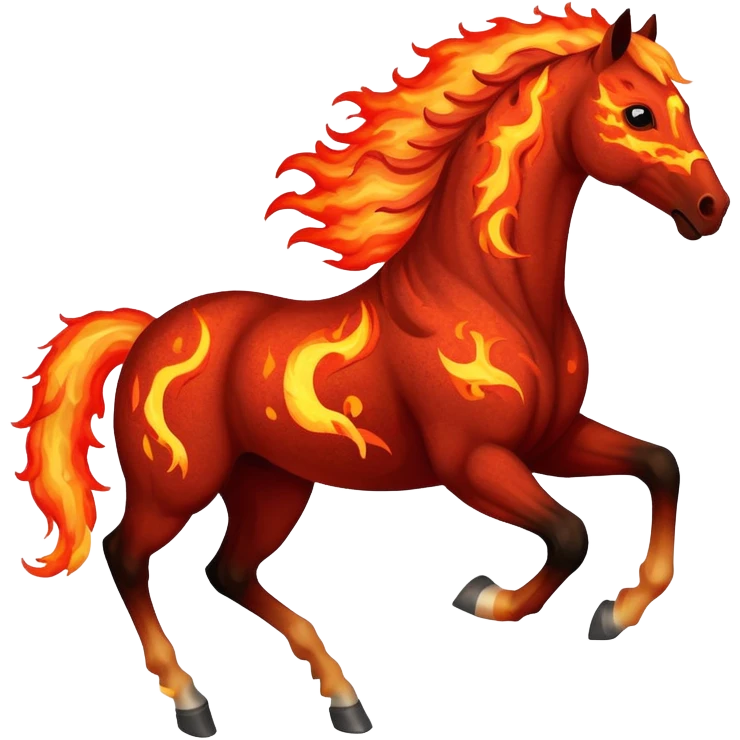 Red fast fire horse made of embers, magma, visible lava, burning, with ash particles surrounding it. Horse galloping with a fiery mane and tail. emoji