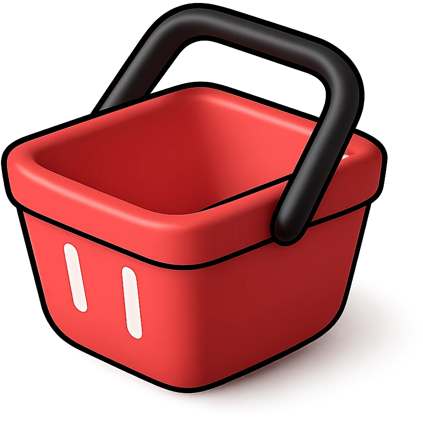 3D cartoon-style red basket with a black handle, tilted upwards to slightly show the empty inside, no face, no eyes, no smile, with a black border emoji