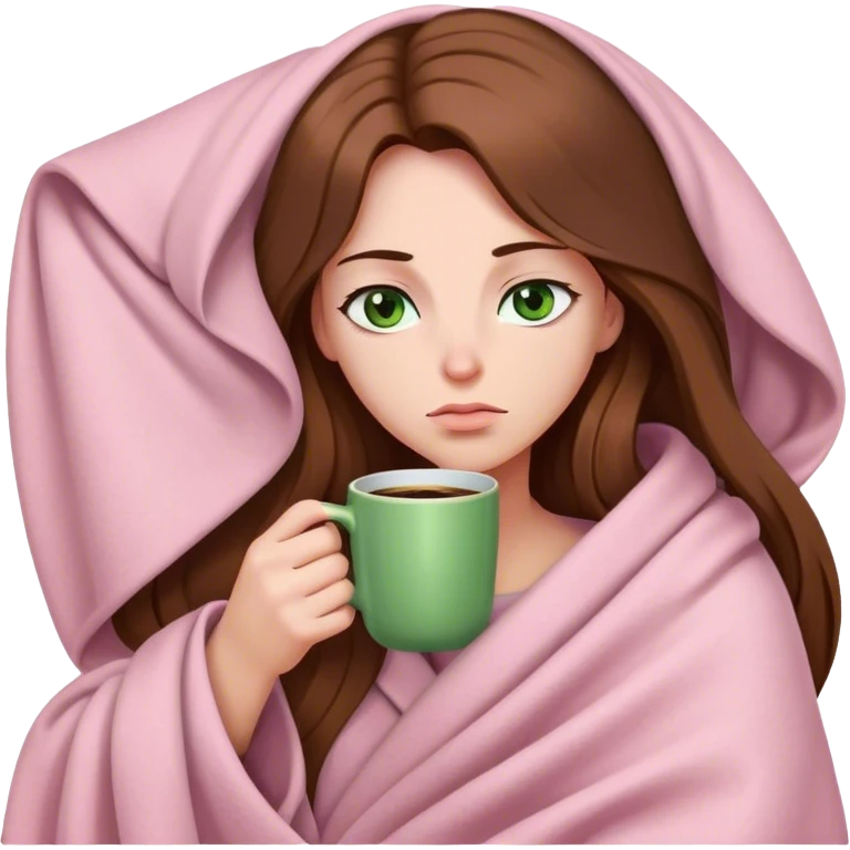 woman with very long brown hair and green eyes in a light pink blanket sleepy with coffee emoji