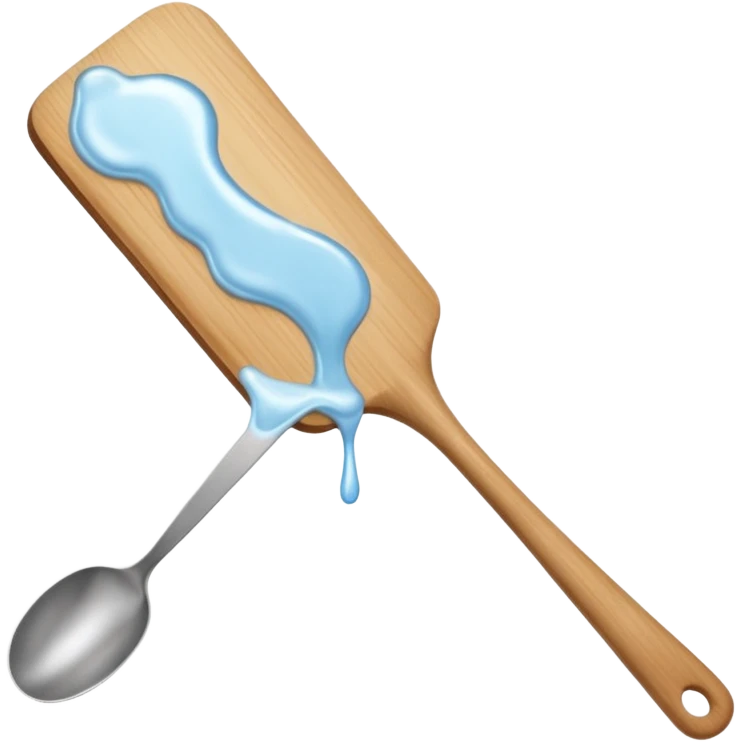 a close-up, minimalist shot of a viscous, pearly substance slowly dripping from a wooden spatula against a neutral gray background. emoji