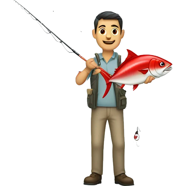 husband holding fishing rod with red fishing line hooked tuna emoji
