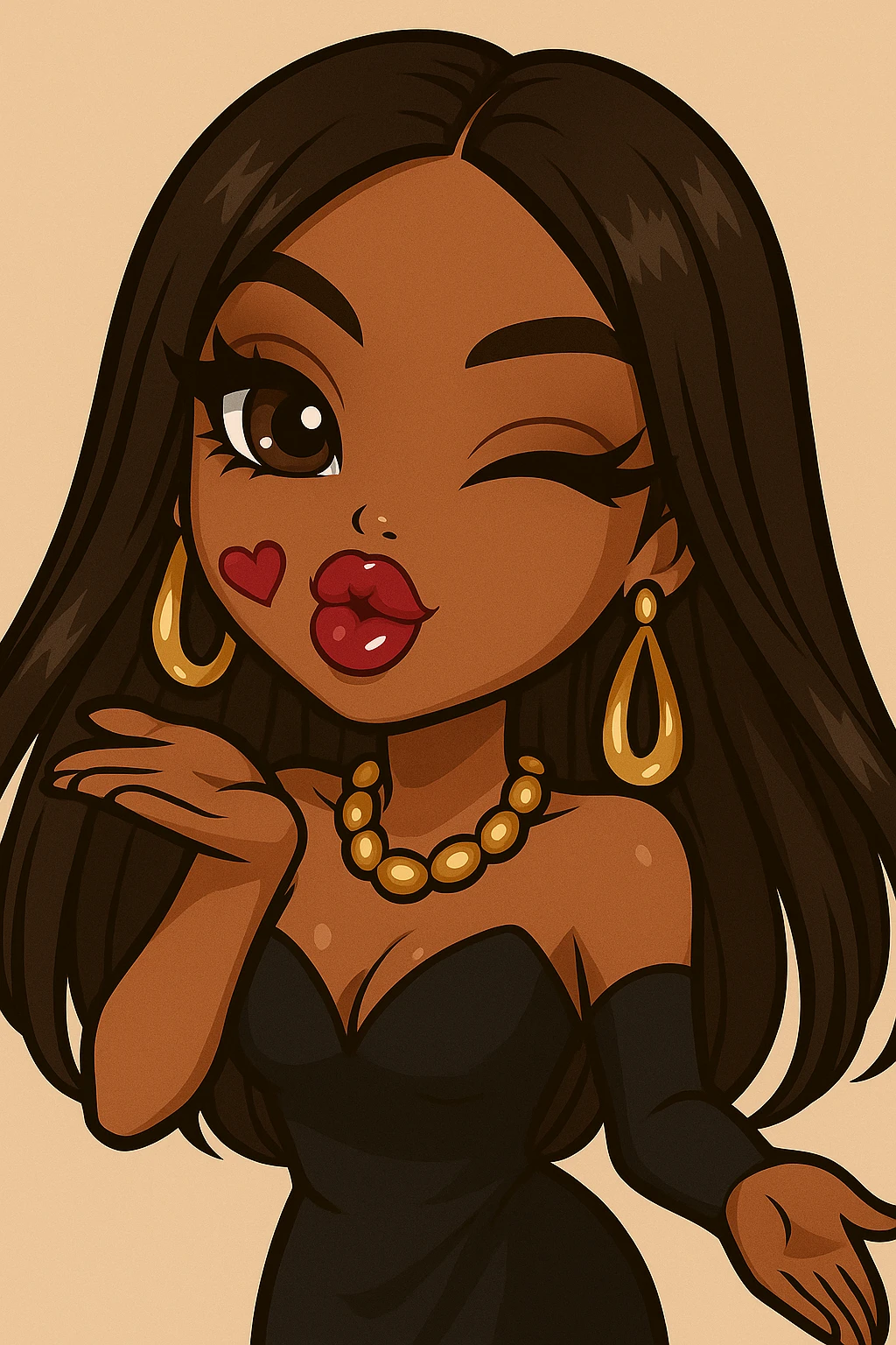 Remove any hats, ensure she is winking while blowing a kiss, headshot only, 20-year-old anime Bratz style woman with dark skin, dark hair, glamorous evening wear, big expressive eyes, glossy lips, happy expression, no tears. Style: anime Bratz. emoji
