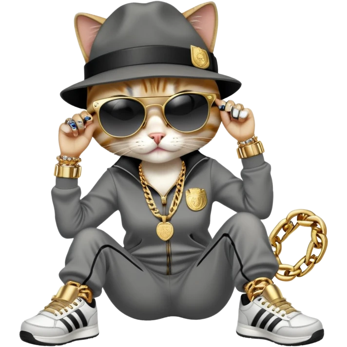 female cat dressed like Run DMC in tracksuit, fedora, Adidas shoes, dark sunglasses, lots of gold chains, rings, bracelets, earrings, lying on the ground after falling, distressed emoji