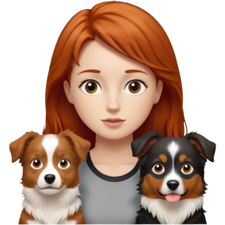 young red-haired woman with two mini Australian shepherds, brown white and black, boy larger, girl smaller and daintier, emoji style emoji