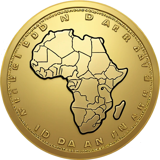Gold coin with Africa map, embossed circuits, and the words 'Digital Dinar' in English and Arabic emoji