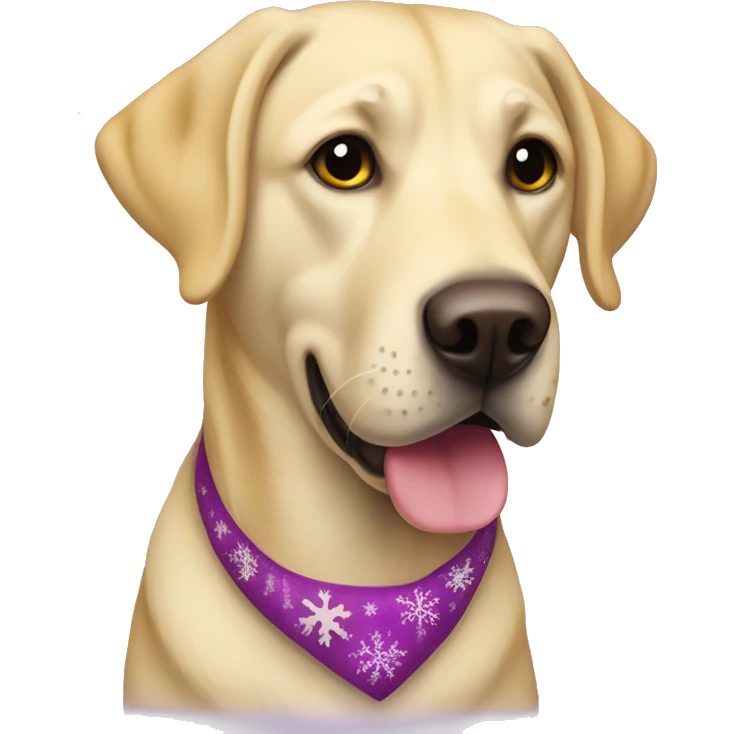Yellow lab wearing Christmas purple ate emoji