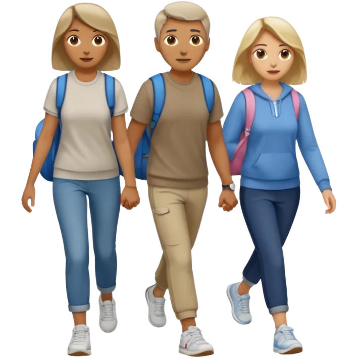 iOS emoji style - a men and 2 women in casual clothes and wearing trainers. Walking in the same direction quickly together. 
Not holding hands. No backpacks. 
 emoji