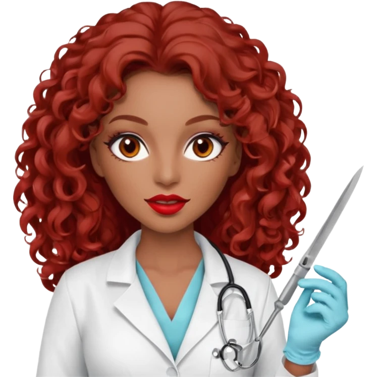 Seductress woman scalpel in hand, evil surgeon sexy surgeon clothes.  She has red eyes. Her  brown long curly hair. Wears sexy doctor outfit with red gloves. make her hair free and brown but she  wear mouth cover   to hide. Wears white surgeon jacket and  only   death long , long beown hair  emoji