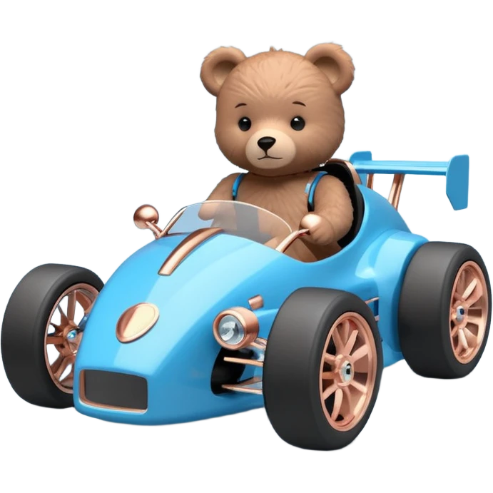 dar crystal blue and rosegold-accented rc racing car driven by a small cute teddy business bear with rear spoiler, safety cage, and wheely bar emoji