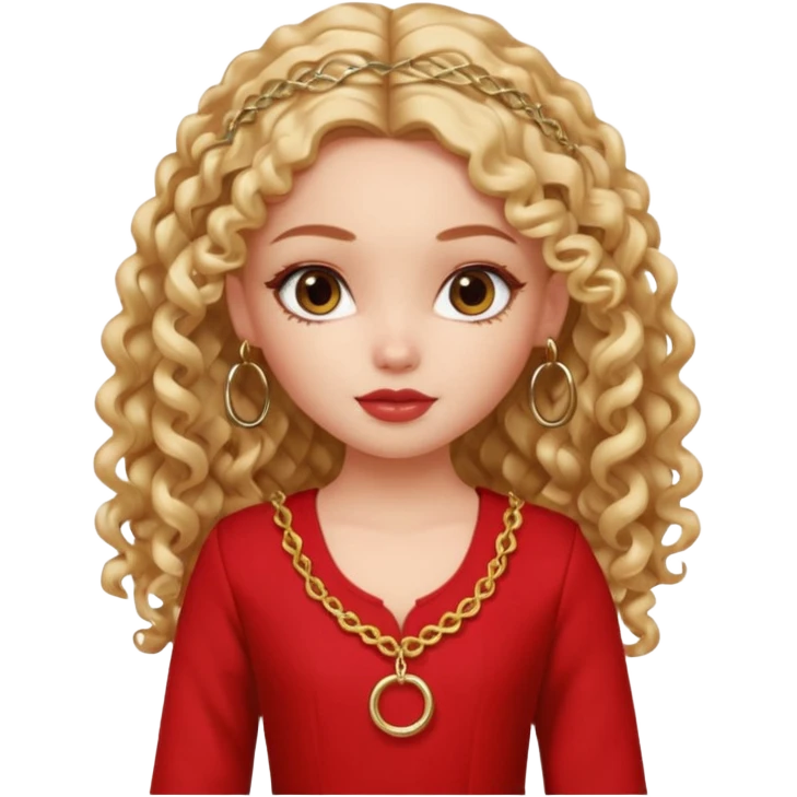 generate a pretty bratz girl with a red kurti, long curly hair, hoops emoji