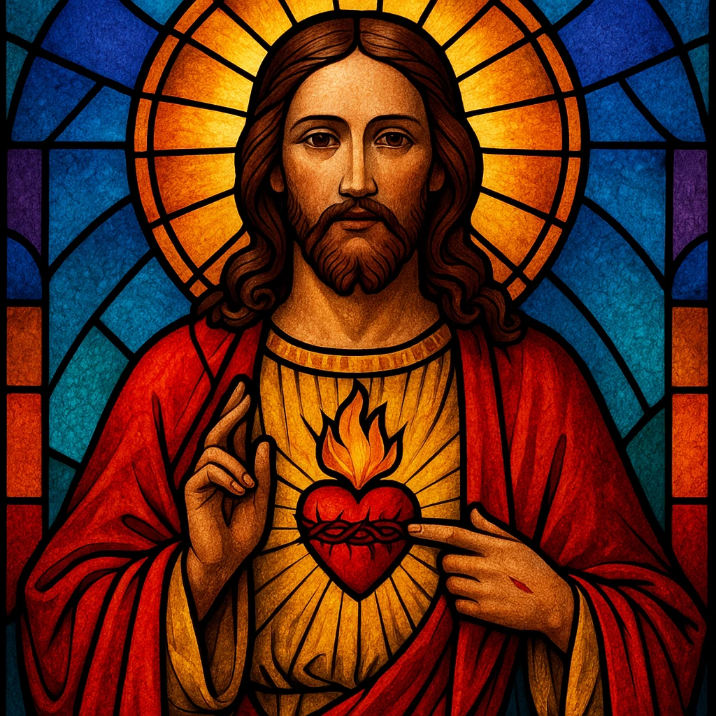 Jesus in a stained glass effect, vibrant colors, heart motif emoji