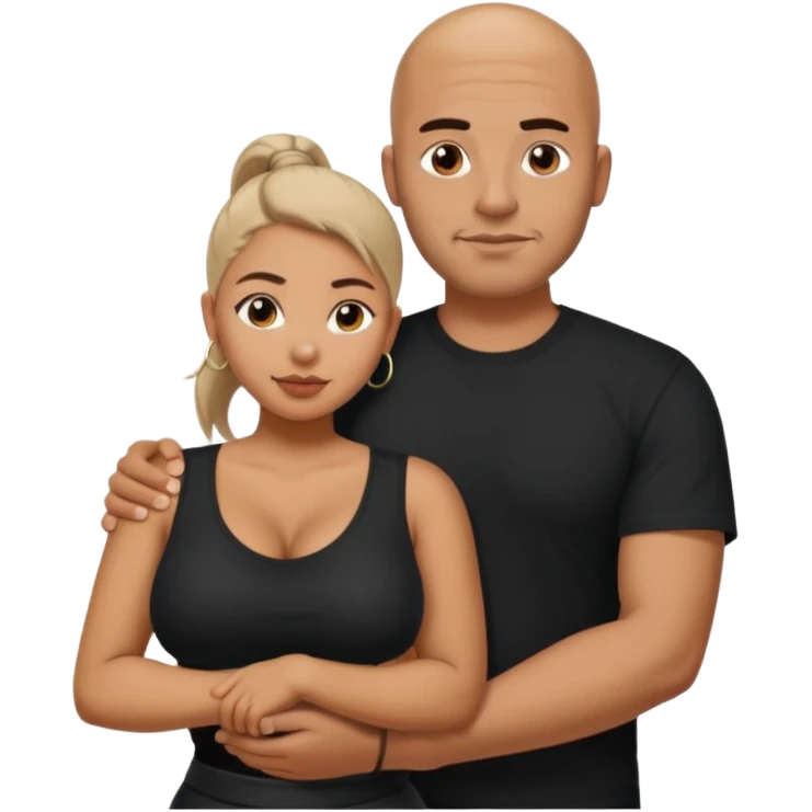 A picture of a tanned couple with the man's arm around the woman. the man is a Mexican man with tanned skin, a bald hair cut, short beard and wearing a black shirt. the woman is mixed, with curly hair in a pony tail, with big boobs  emoji