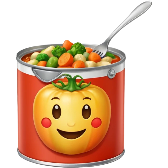 open tin can with chunky mixed vegetables in tomato sauce, no spoon or branding, soft lighting, subtle shadows, emoji scale emoji