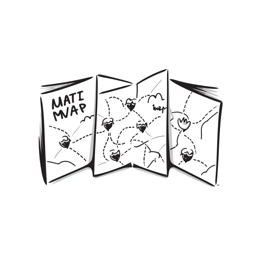 Hand-drawn folded map with delicate pathways representing emotional journeys and attraction patterns, personal reflection tool emoji