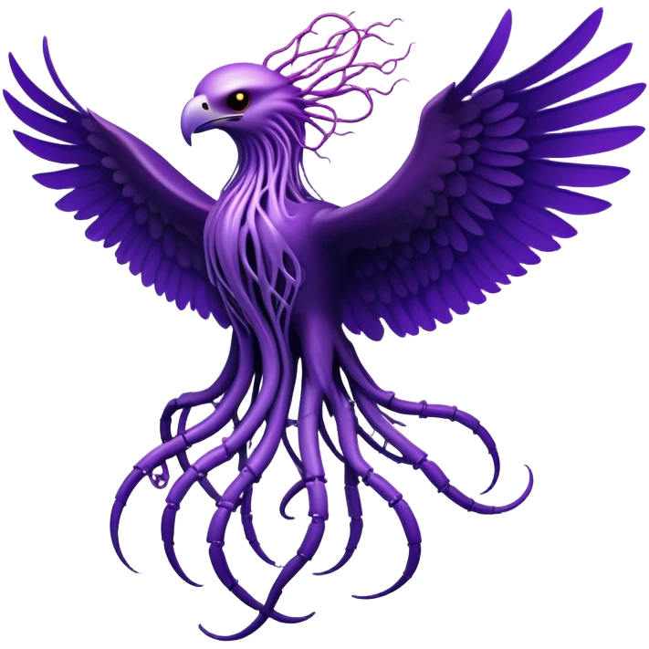 A venomous purple eagle made of poisonous roots and cables with rubber scales that reveal its electric skeleton, possessing both jellyfish-like tendrils and the ability to generate electrical pulses that illuminate the ocean depths. emoji
