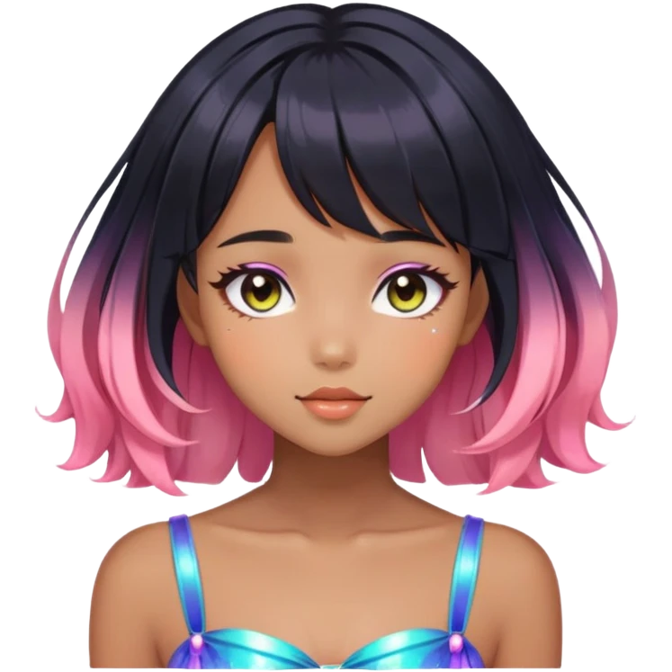 Gorgeous black french bob Beautiful Blushing Petite Colorful-Shiny-Fairy-Soarkle-Anime-Girl with beautiful hair aesthetic emoji