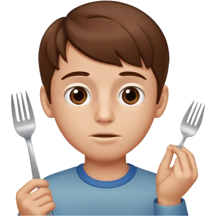 Brown hair boy allergic to soy, swollen face, fork in the hand  emoji