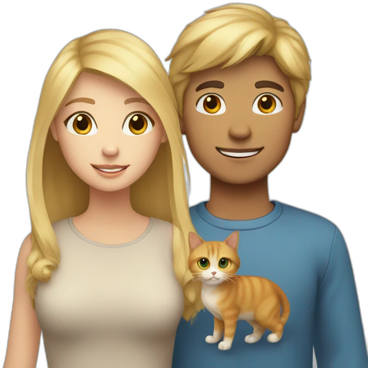 blonde-haired girl and brown-haired boy with a cat emoji