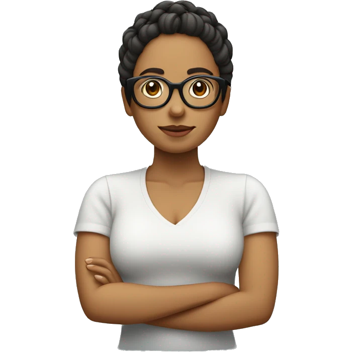 mujer morocha con rulos, pelo corto y lentes emoji