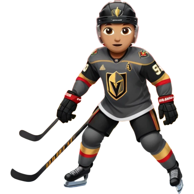 A hockey player in a Vegas Golden Knights black & gold jersey, red accent glow, centered stance, stick on the ice, confident posture. Background subtle red aura with a knight-helmet inspired motif. Clean, bold, emoji-style. emoji
