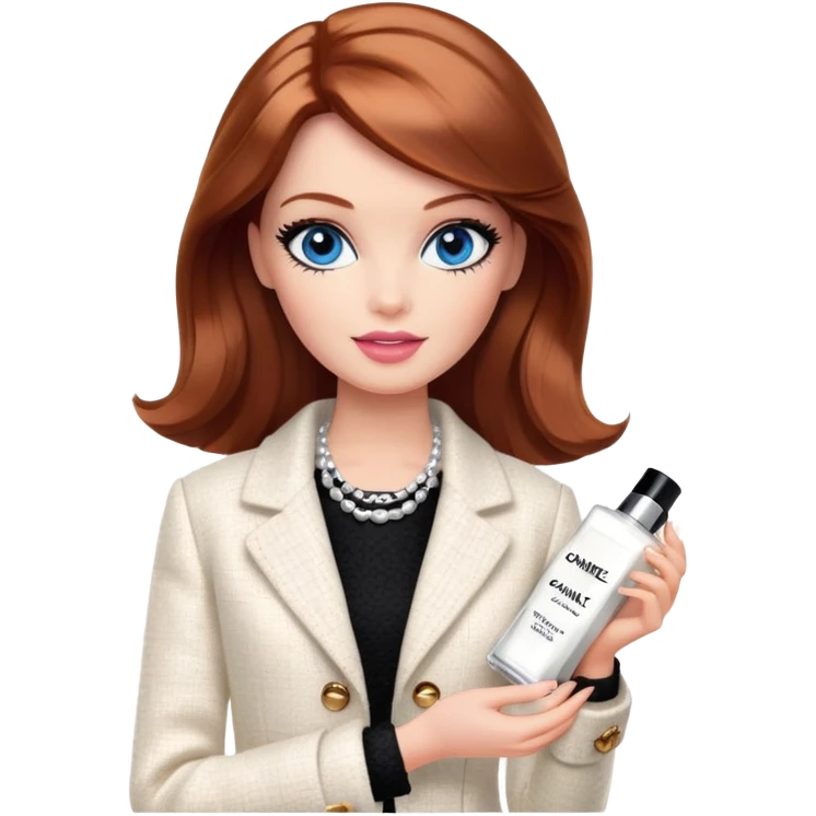 A Barbie girl with blue eyes, shoulder-length reddish-brown hair with makeup, wearing a white tweed jacket and a black skirt, holds chanel cream in her hand emoji