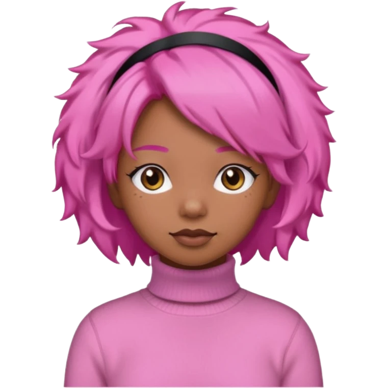 black fluffy haired girl with pink turtleneck sweater and pink hair band emoji