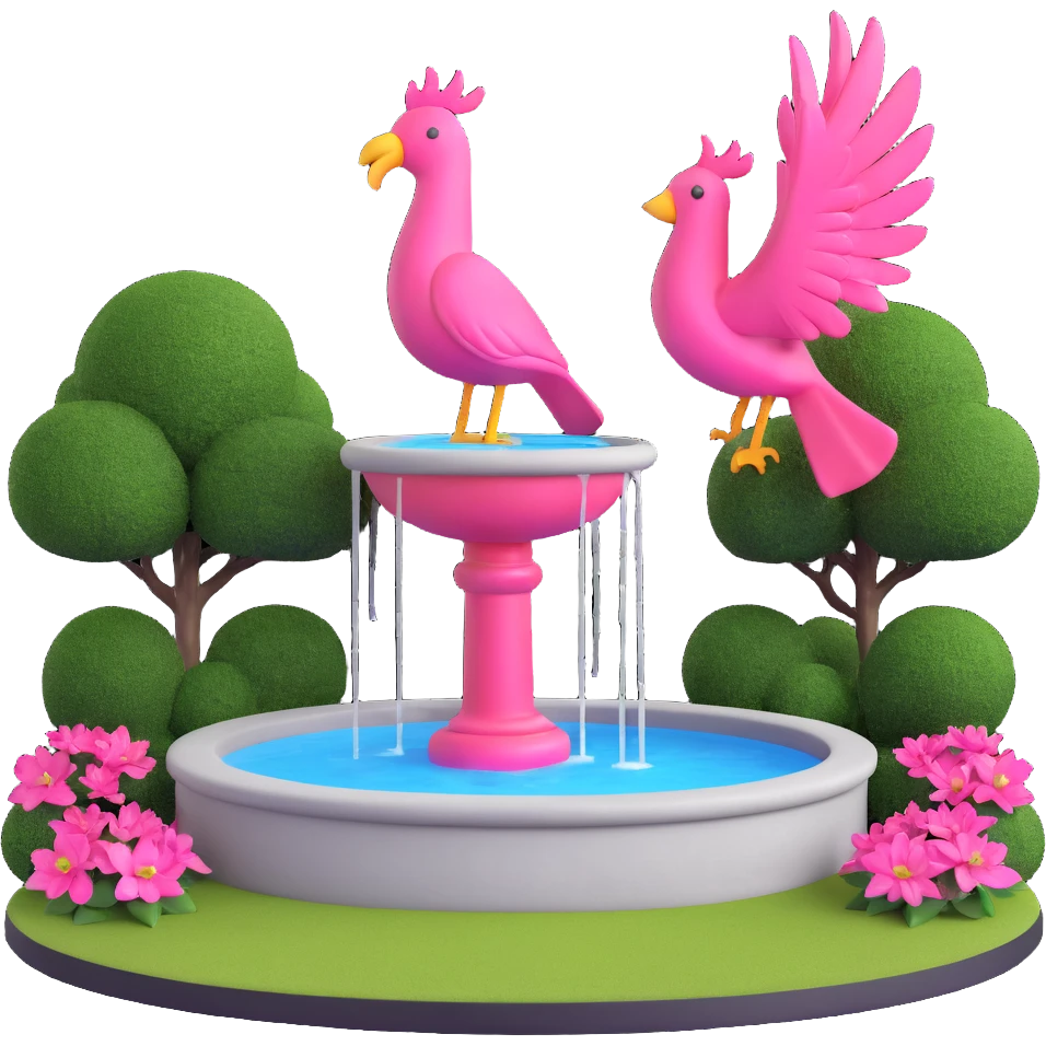 Make the background transparent, keep the small yard with a fountain and large pink bird sculpture in 3D emoji style. emoji