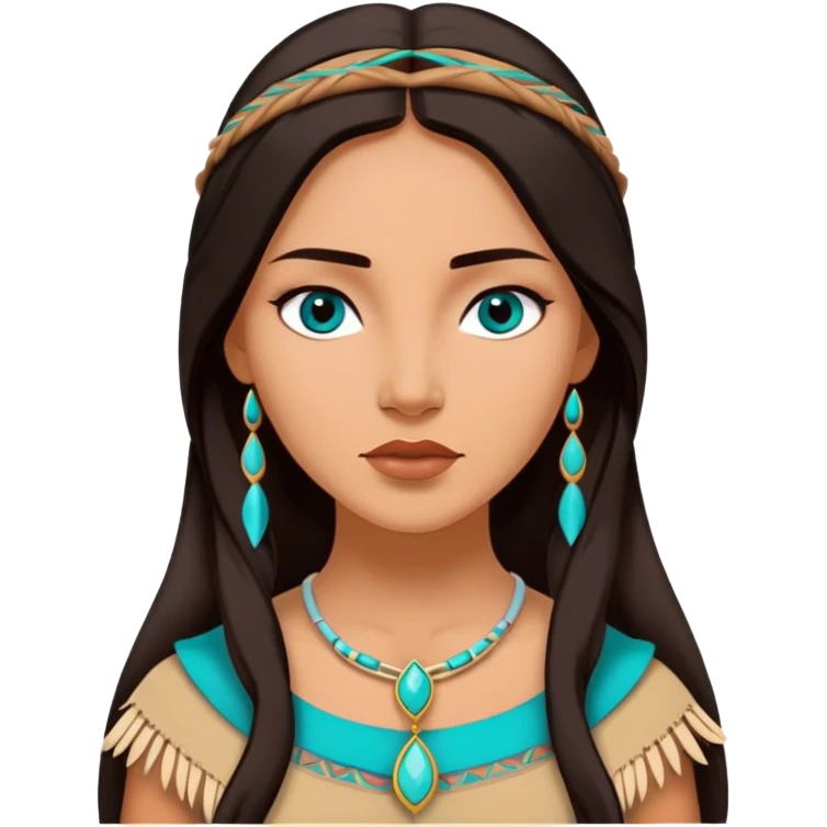 Cinematic Elegant Pocahontas Portrait Emoji, rendered in a realistic, vector-style with minimal shading and bold, simplified shapes. Depict Pocahontas (chest and above) with warm, sun-kissed skin, long, flowing dark hair, and gentle, wise eyes, wearing traditional attire in earthy tones with hints of turquoise. The image glows with a soft, natural radiance and high shine, embodying timeless indigenous beauty. emoji