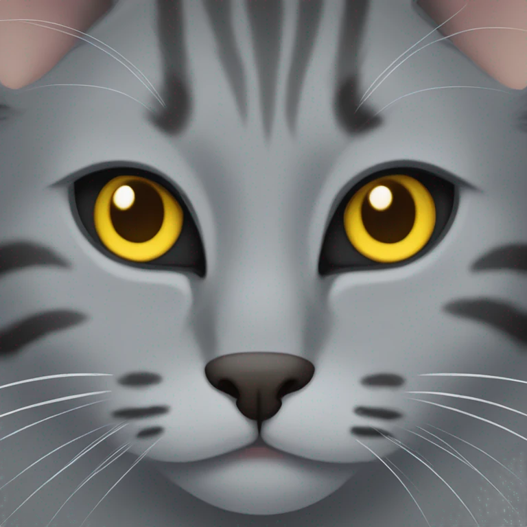 grey cat with some dark grey lines, some lines of brown and black with yellow eyes and a black nose emoji