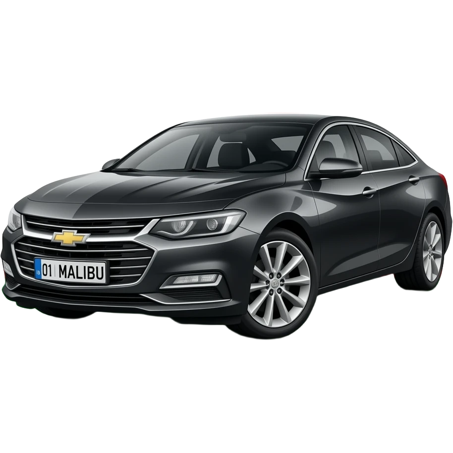 A realistic icon emoji of a metallic black sedan Chevrolet Malibu 2.0L Turbo Premier, front wheels turned to the left, dark charcoal tint windows, black alloy 5-spoke rims, Dynamic white glow LED headlights with glowing effect, uzbekistan region flag, number texts "01 | MALIBU" in plate emoji