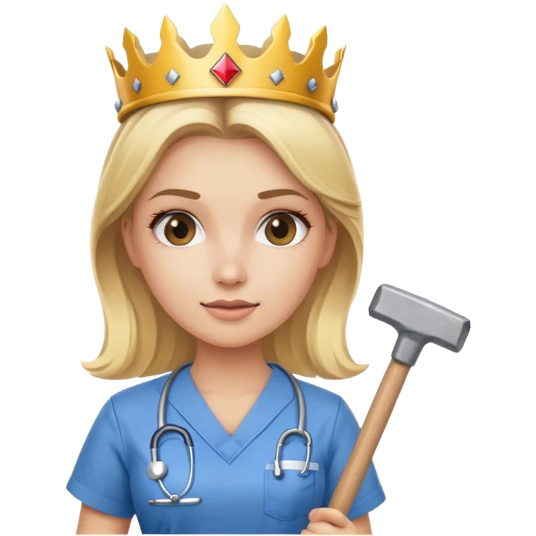 blond nurse girl wearing scrubs with a crown and a sledge hammer emoji