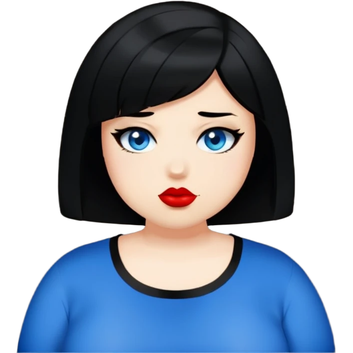 Make the plus size teenage girl emoji look like the person in the reference photo: black bob haircut, side parted, blue eyes, black eyeshadow, red lipstick, black shirt, emoji style. emoji